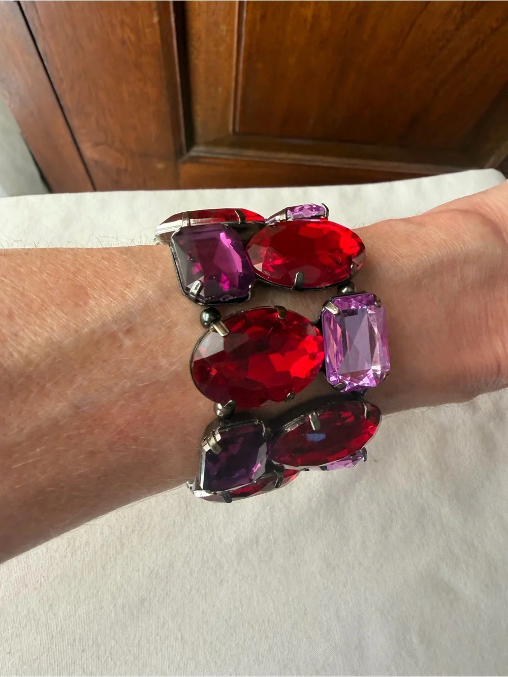 Red Purple Faceted Crystal Statement Stretch Bracelet Chunky Oversized